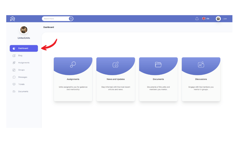 Mentors dashboard in RiserNest